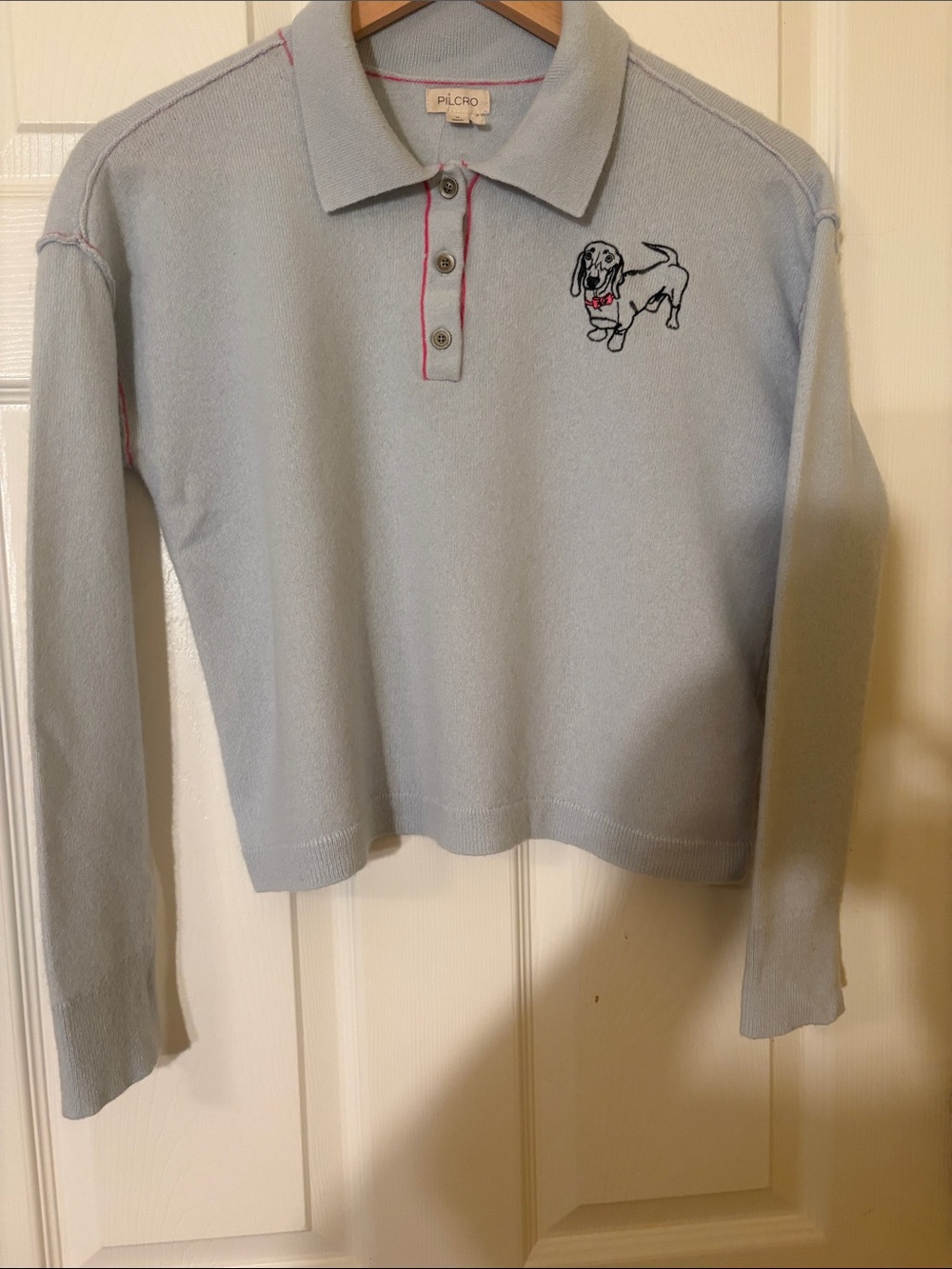 Pilcro Light Blue Long-Sleeve Polo with Dog Embroidery and Pink Trim - Picture 2 of 10
